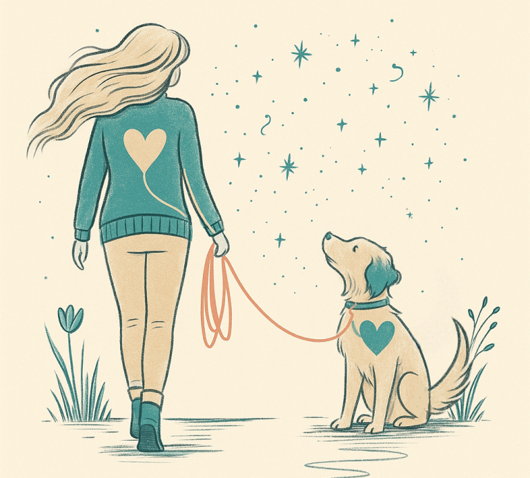 Hier sieht man ein illustriertes Bild einer Frau mit ihrem Hund - die Herzen der beiden sind auch durch die Leine verbunden. 