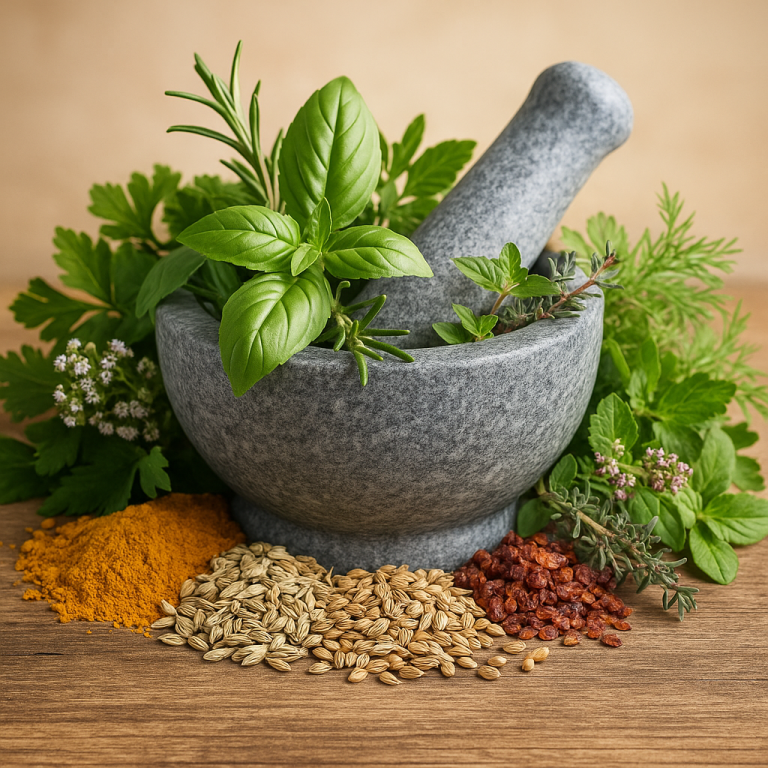 Hier sieht man Kräuter und Gewürze mit einem Mörser und Stößel als Beispiel für die Phytotherapie der Tierheilpraxis akupunktierchen