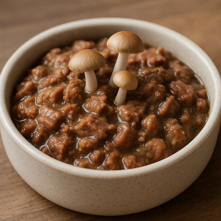 Hier sieht man ein Napf mit Hundefutter und Pilzen als Beispiel für die Mykotherapie der - Tierheilpraxis akupunktierchen Juliane Merkler 